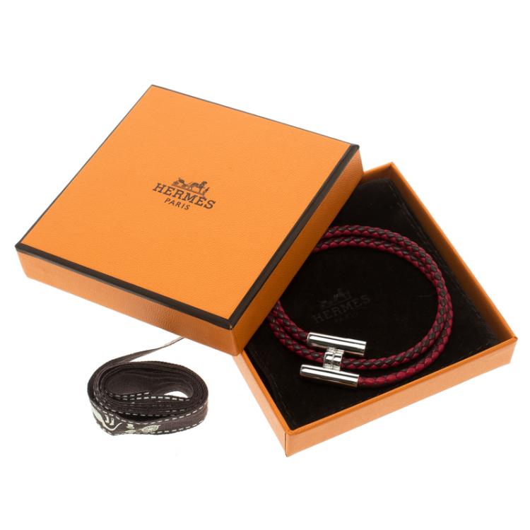 Pre Owned Hermes Tournis Tresse Bicolor Woven Leather Palladium Plated H Bracelet