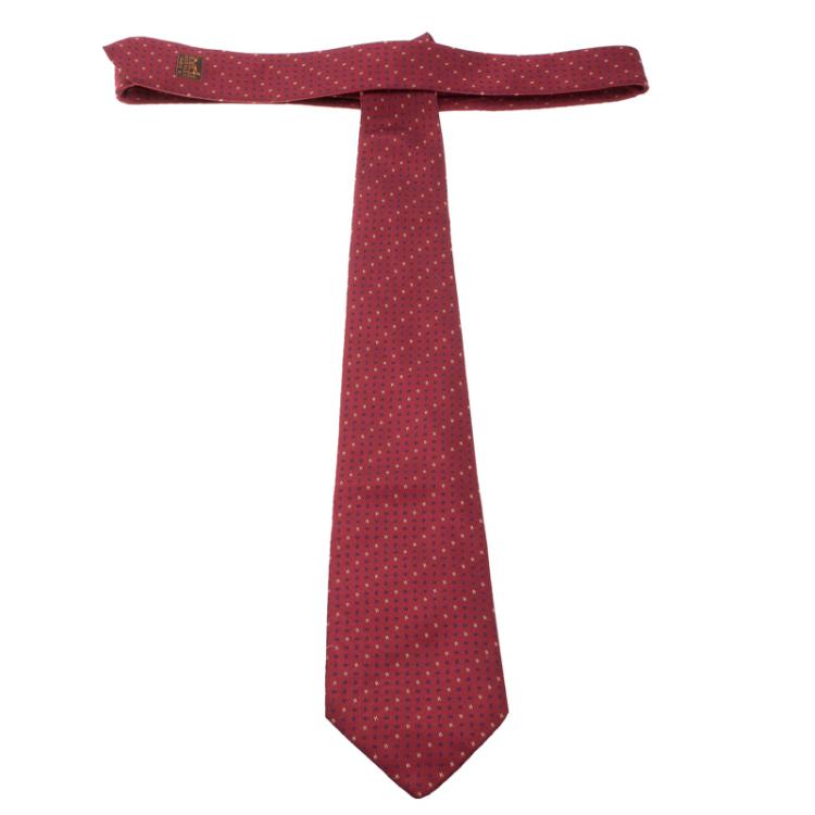 Pre Owned Hermes Red Asymmetric H Pattern Silk Jacquard Tie