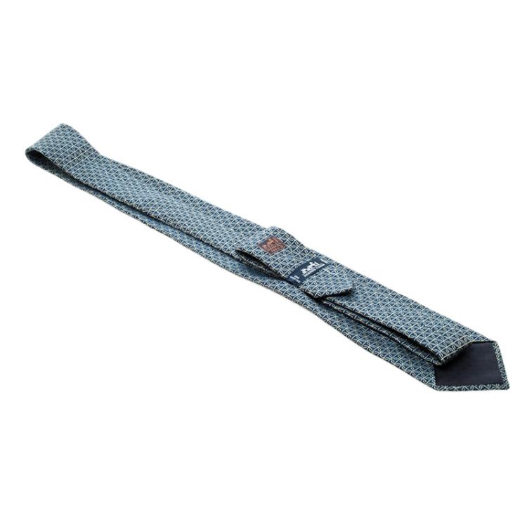 Pre Owned Hermes Navy Blue Patterned Silk Jacquard Tie