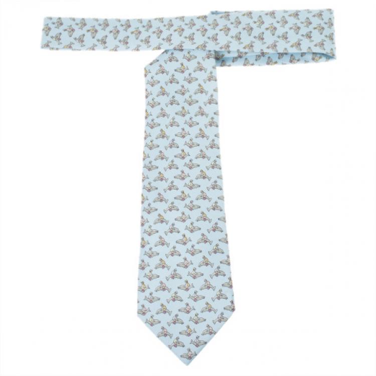 Pre Owned Hermes Blue Dolphin And Jockey Silk Faille Tie