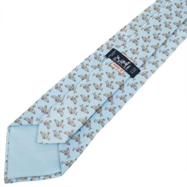 Pre Owned Hermes Blue Dolphin And Jockey Silk Faille Tie