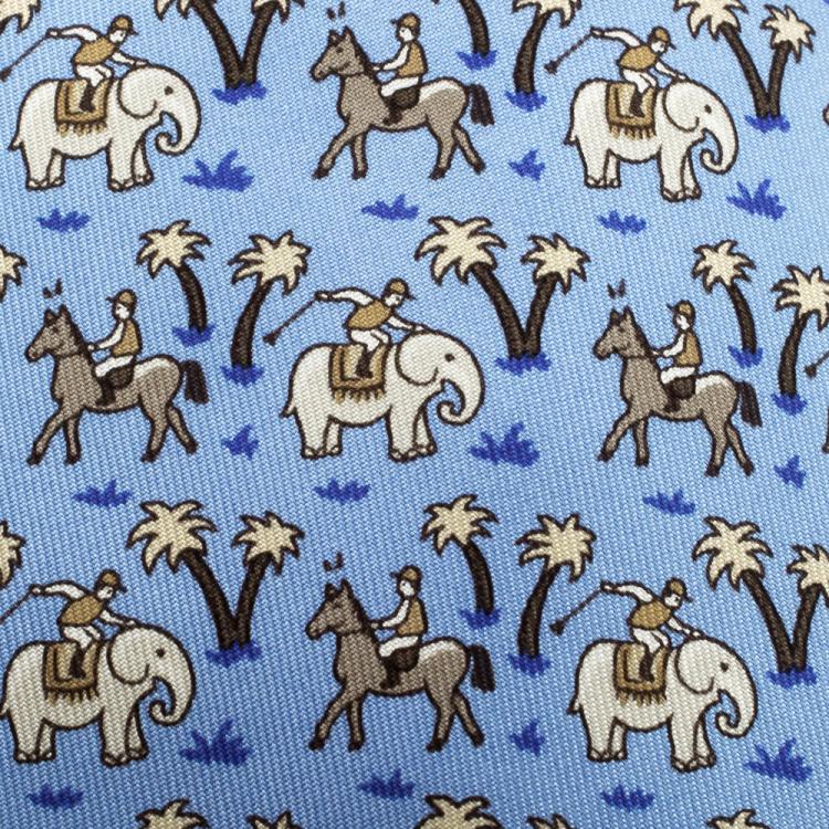 Hermes Blue Elephant and Horse Jockey Print Silk Tie Hermes