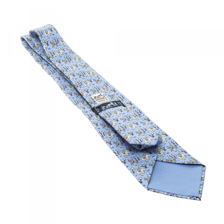 مملوكة مسبقًا Hermes Blue Elephant and Horse Jockey Print Silk Tie