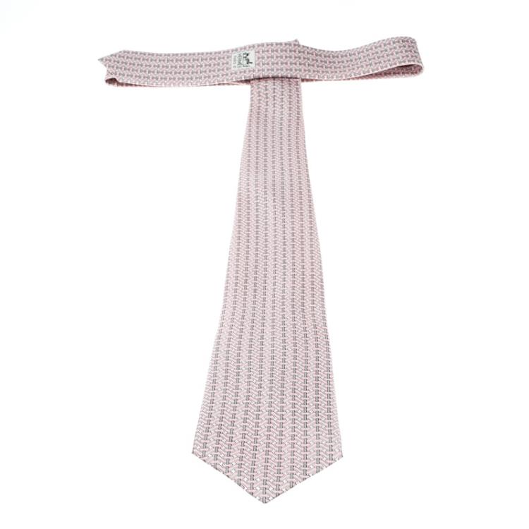 Pre Owned Hermes Pink and Grey Printed Silk Tie
