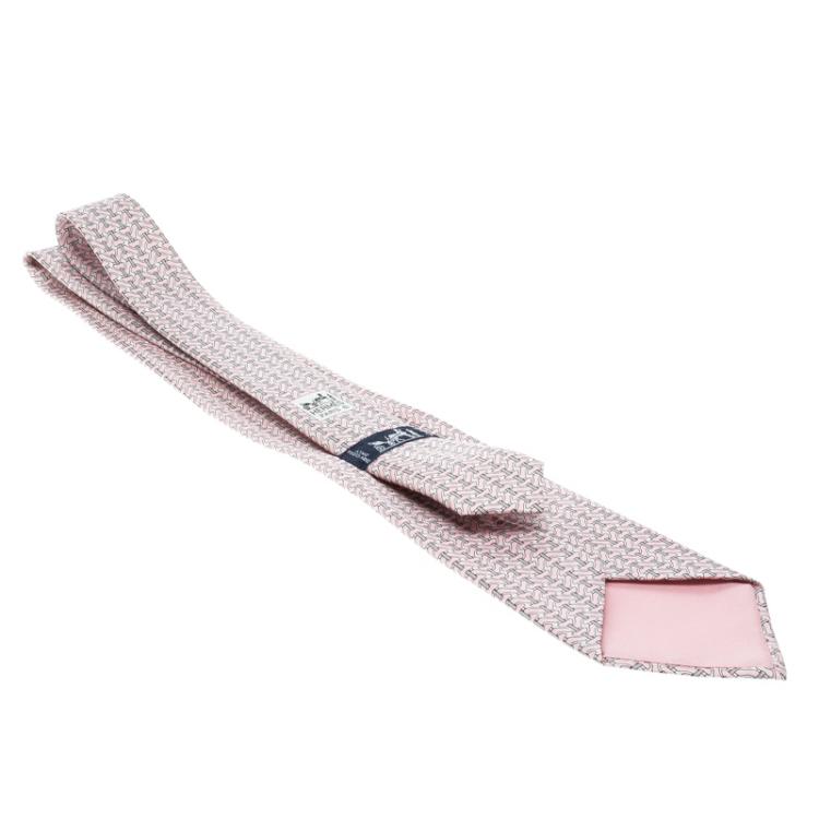 Pre Owned Hermes Pink and Grey Printed Silk Tie