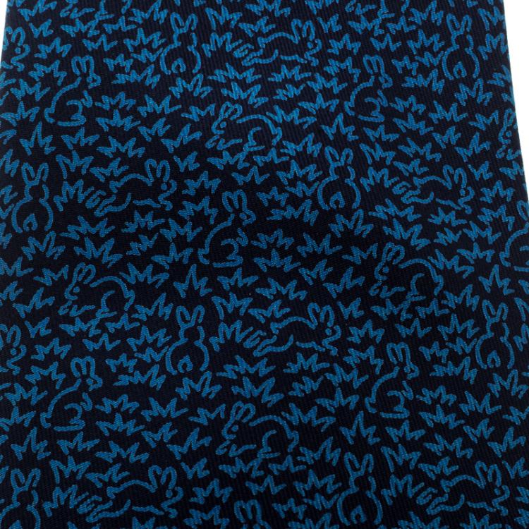 Pre Owned Hermes Navy Blue Rabbit Print Silk Tie