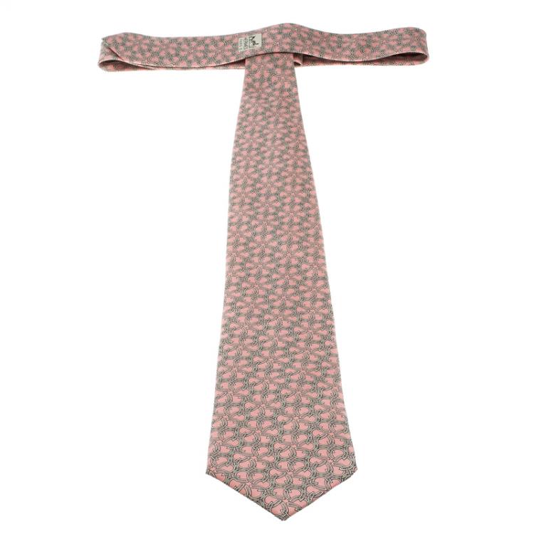 Pre Owned Hermes Pink Horseshoe Print Silk Tie