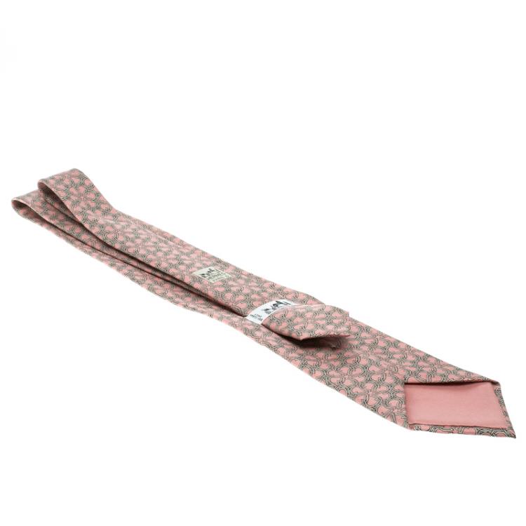 Pre Owned Hermes Pink Horseshoe Print Silk Tie