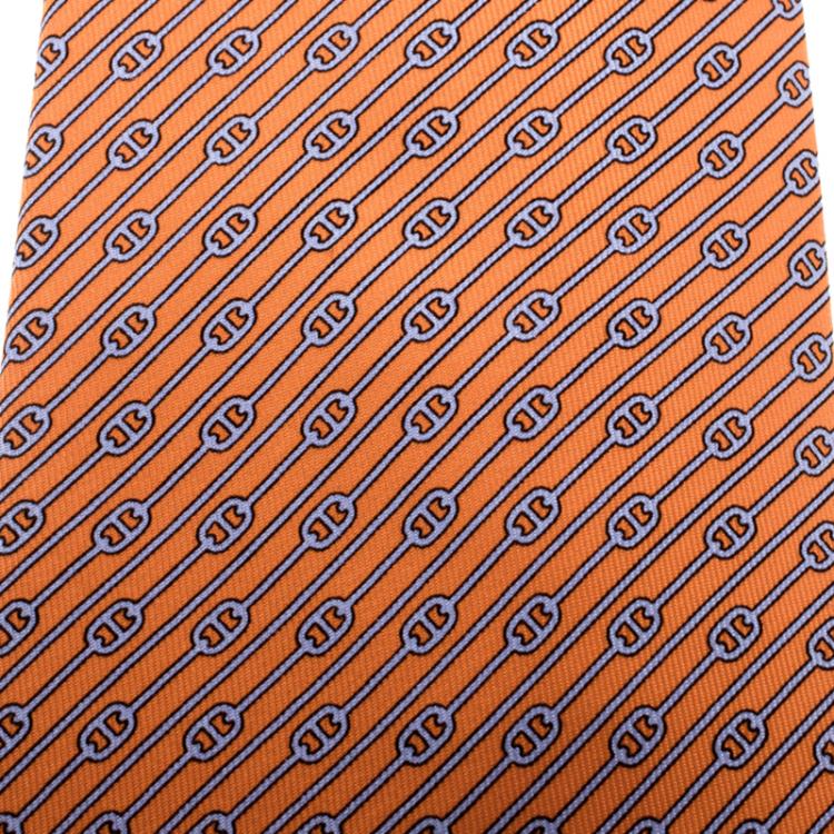 Pre Owned Hermes Orange Chaine d'Ancre Printed Silk Tie