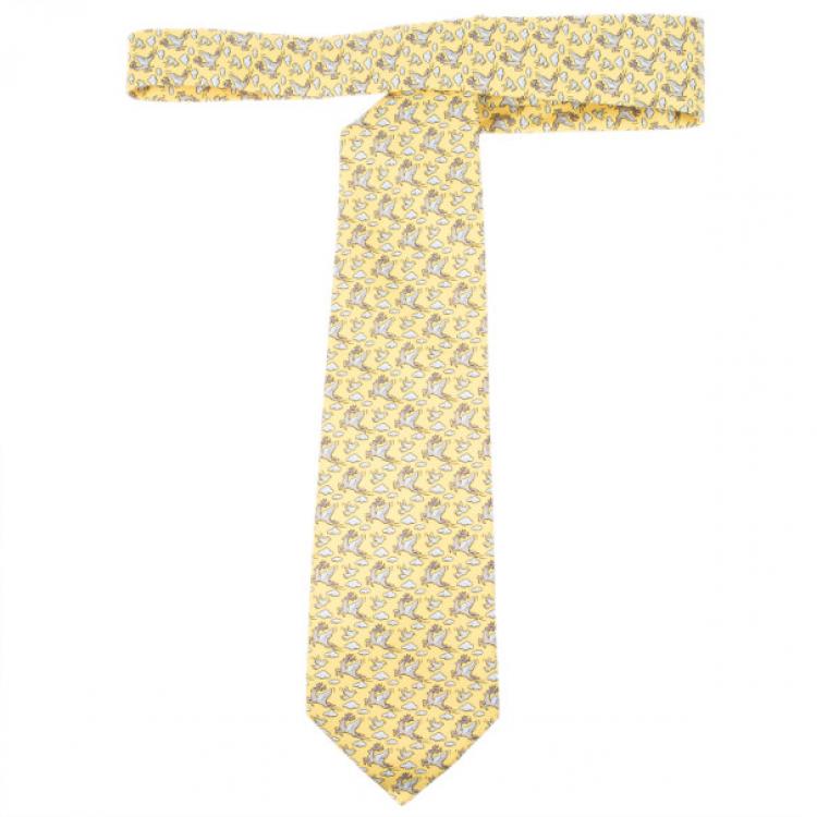 Hermes Yellow Flying Reindeer Print Silk Tie