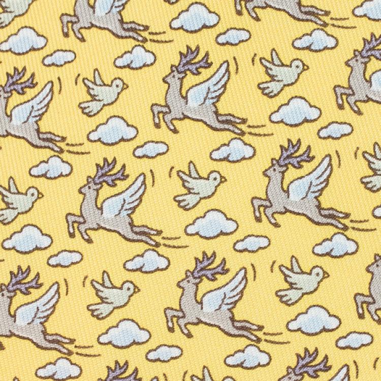 Pre Owned Hermes Yellow Flying Reindeer Print Silk Tie