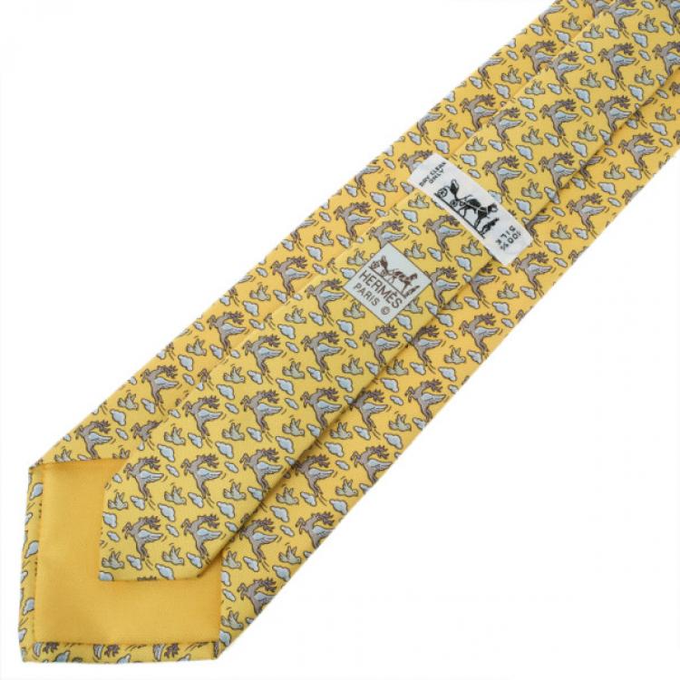 Pre Owned Hermes Yellow Flying Reindeer Print Silk Tie
