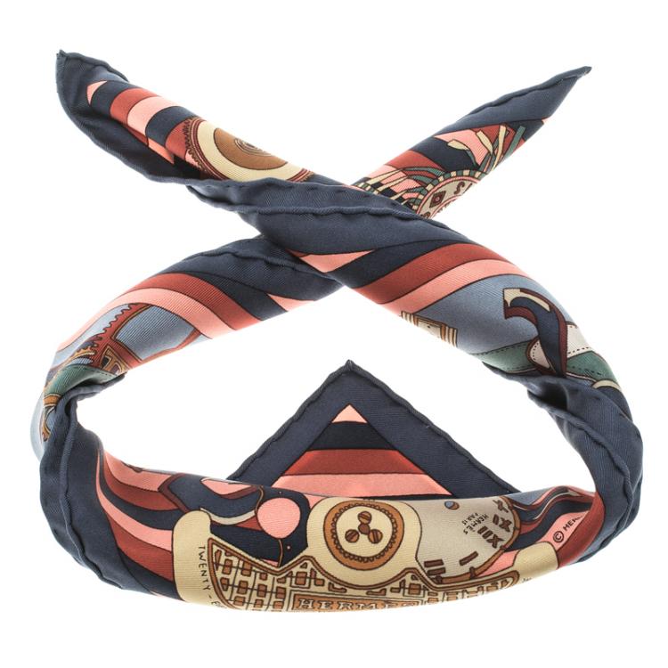 Pre Owned Hermes Multicolor Printed  Monsieur Montres Silk Pochette Square Scarf
