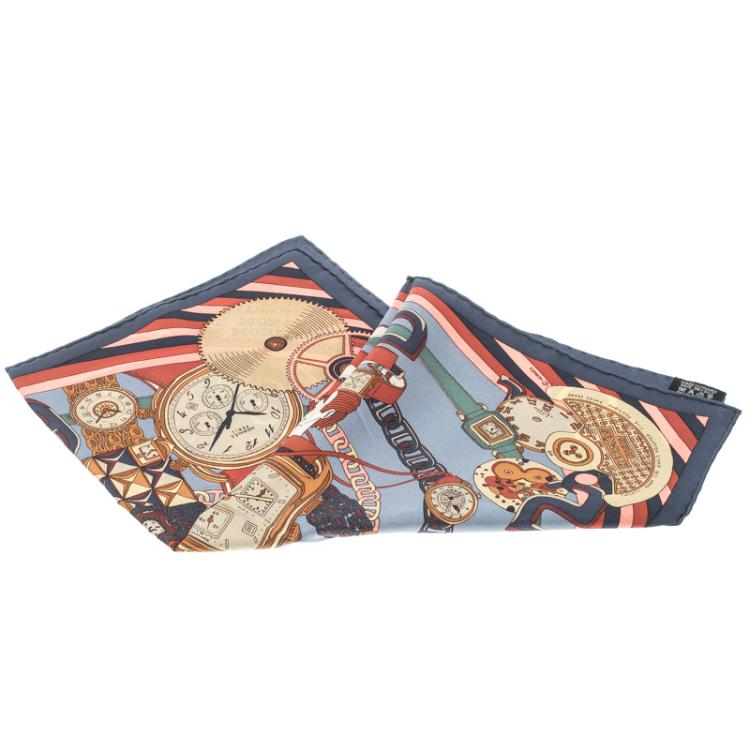 Pre Owned Hermes Multicolor Printed  Monsieur Montres Silk Pochette Square Scarf