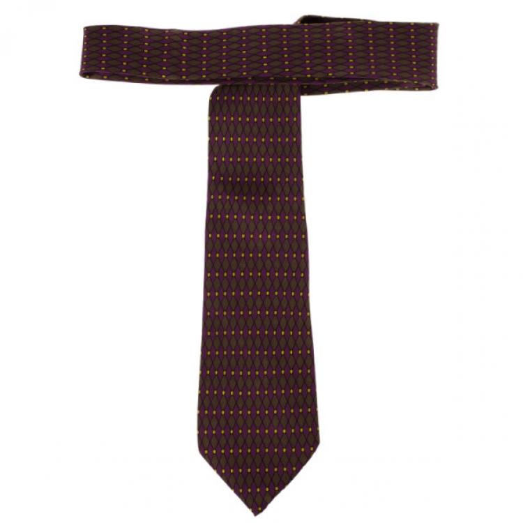 Pre Owned Hermes Purple Diamond Print Silk Tie
