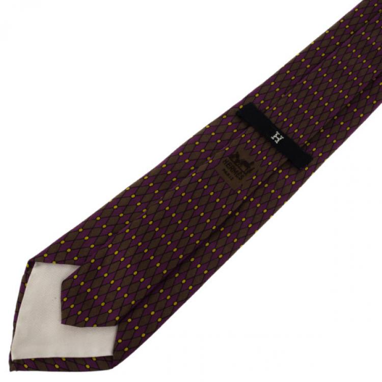 Pre Owned Hermes Purple Diamond Print Silk Tie