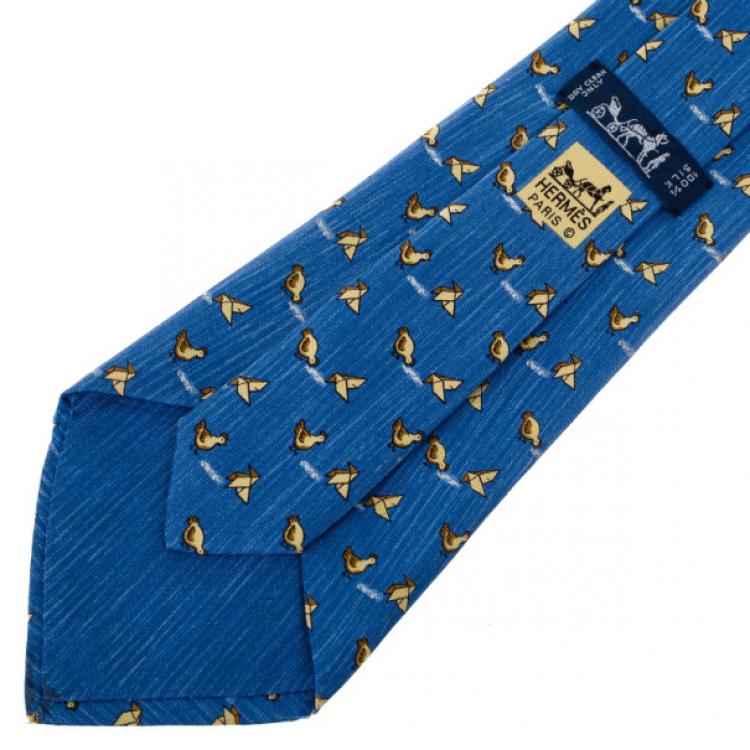 Pre Owned Hermes Blue Bird Print Silk Tie