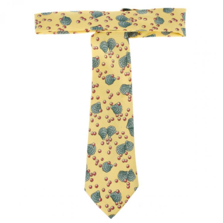 Pre Owned Hermes Yellow Shell and Pearl Print Tie