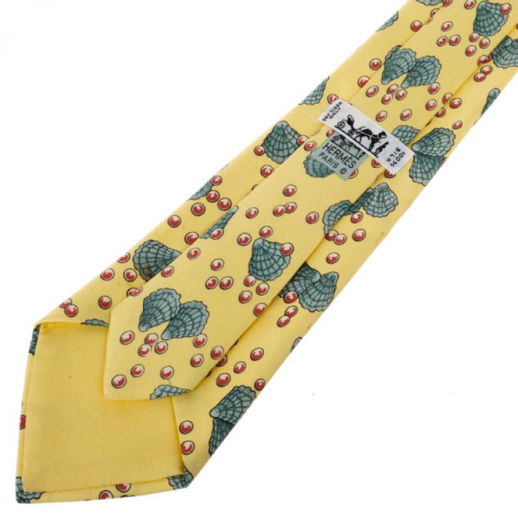 Pre Owned Hermes Yellow Shell and Pearl Print Tie