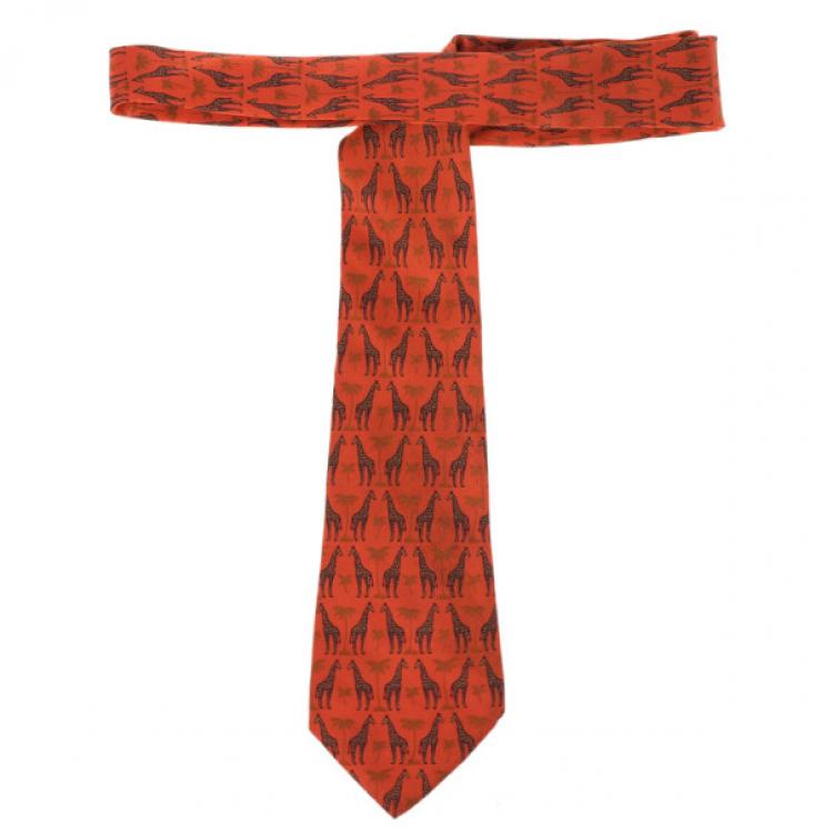 مملوكة مسبقًا Hermes Orange Giraffe and Palm Tree Print Silk Tie