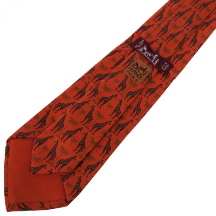 مملوكة مسبقًا Hermes Orange Giraffe and Palm Tree Print Silk Tie
