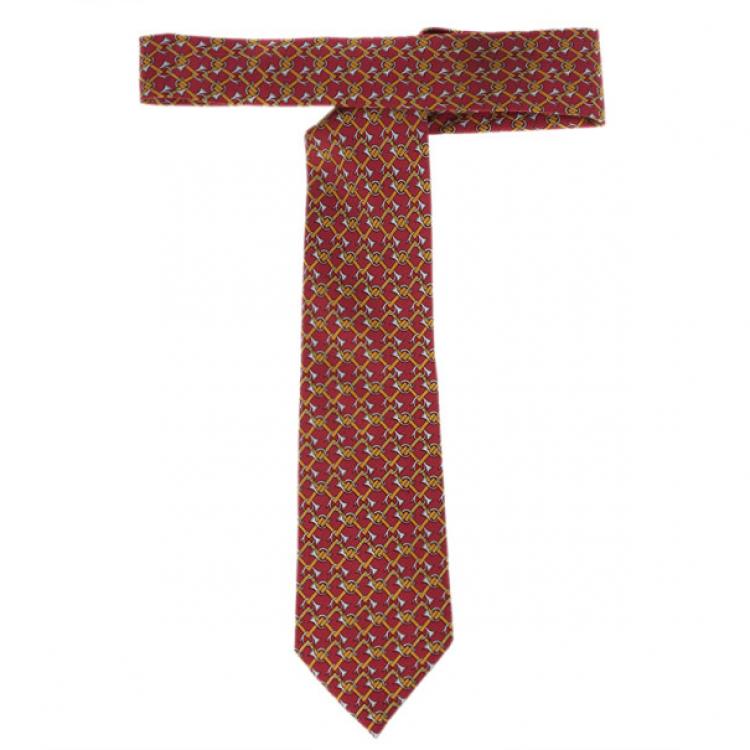 Pre Owned Hermes Red Trumpet Horns Print Silk Tie