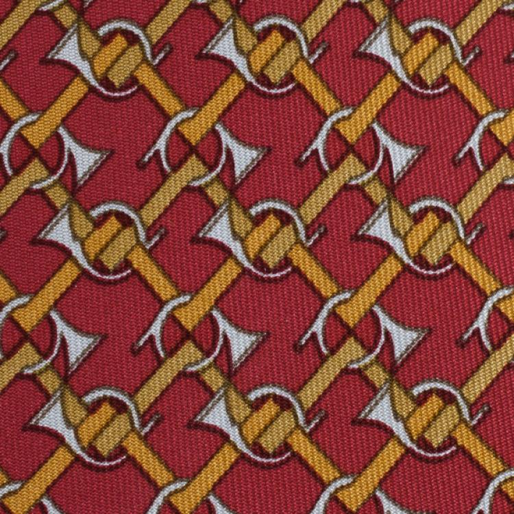 Pre Owned Hermes Red Trumpet Horns Print Silk Tie
