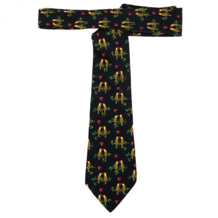 Pre Owned Hermes Black Love Bird Print Vintage Silk Tie