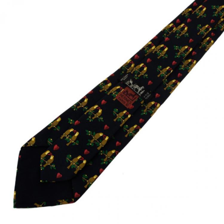 Pre Owned Hermes Black Love Bird Print Vintage Silk Tie