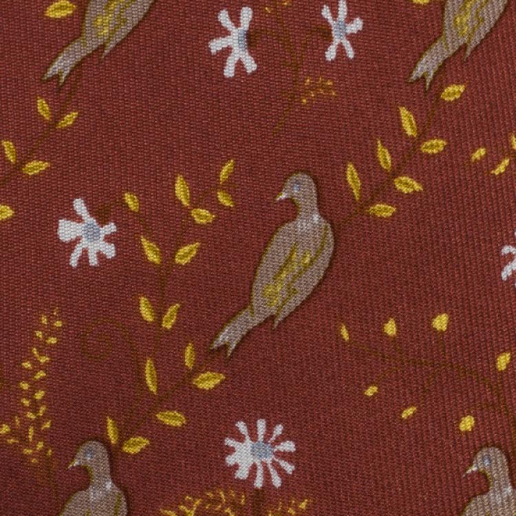 Pre Owned Hermes Brown Bird and Flowers Print Silk Tie