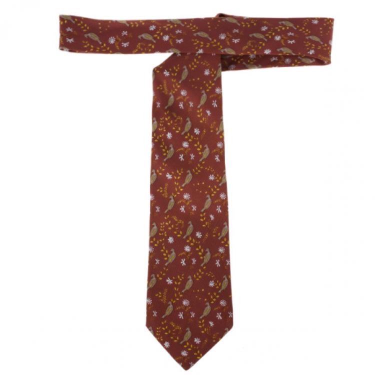Pre Owned Hermes Brown Bird and Flowers Print Silk Tie