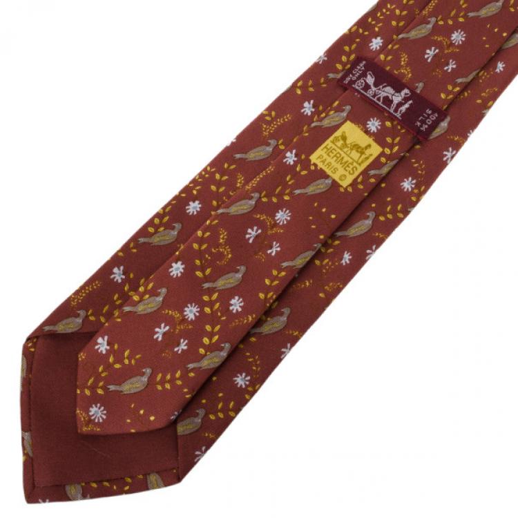 Pre Owned Hermes Brown Bird and Flowers Print Silk Tie