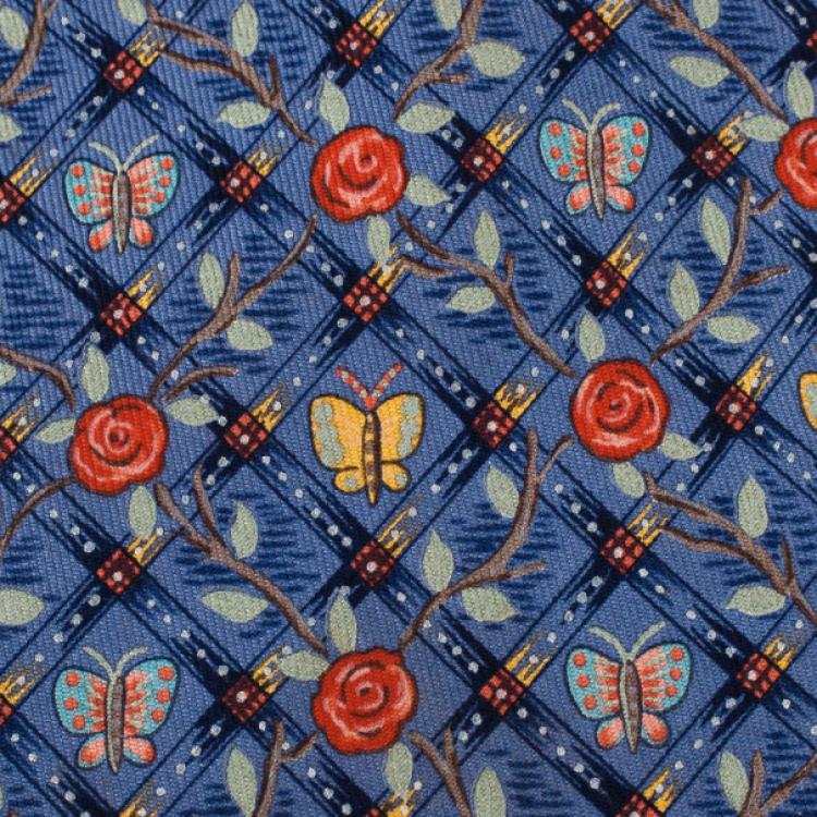 Pre Owned Hermes Blue Butterfly and Floral Print Silk Tie