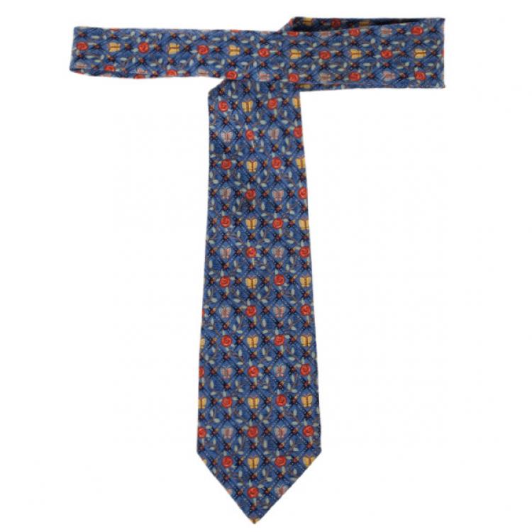 Pre Owned Hermes Blue Butterfly and Floral Print Silk Tie
