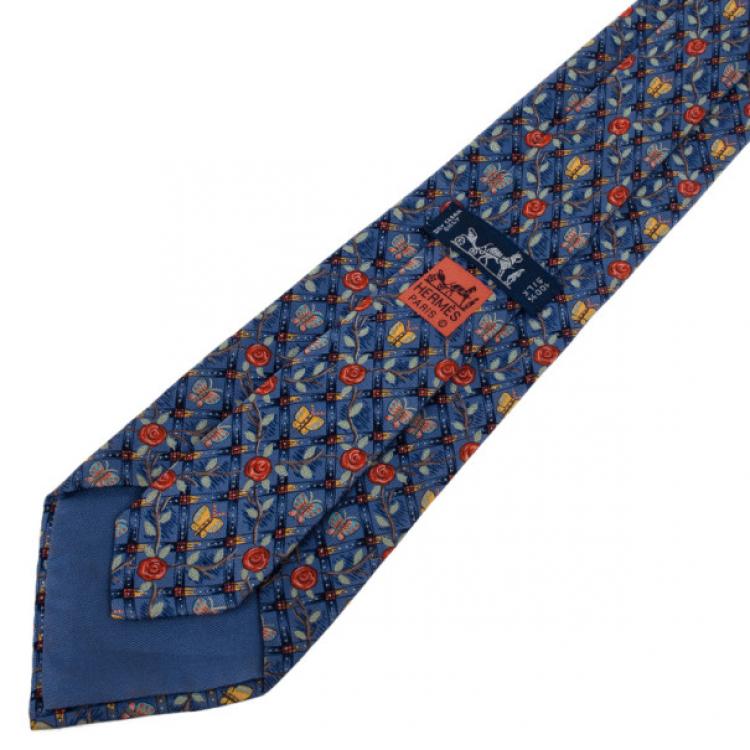 Pre Owned Hermes Blue Butterfly and Floral Print Silk Tie