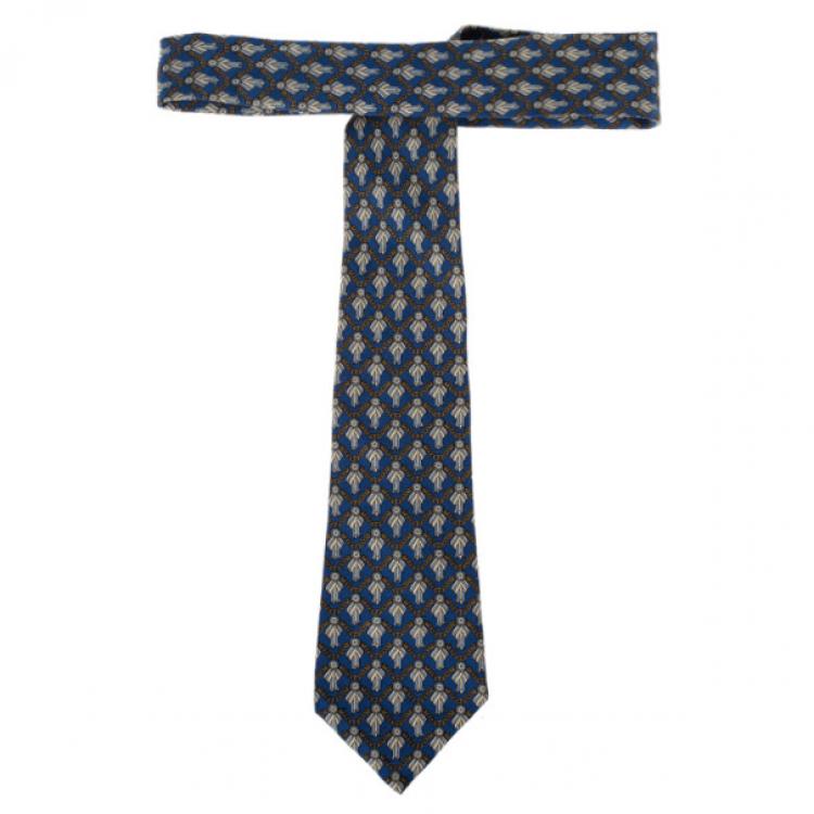 Pre Owned Hermes Blue Ribbon Print Silk Tie