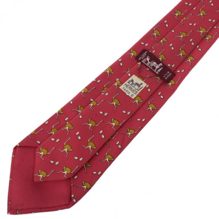 Pre Owned Hermes Red Ostrich and Egg Print Silk Tie
