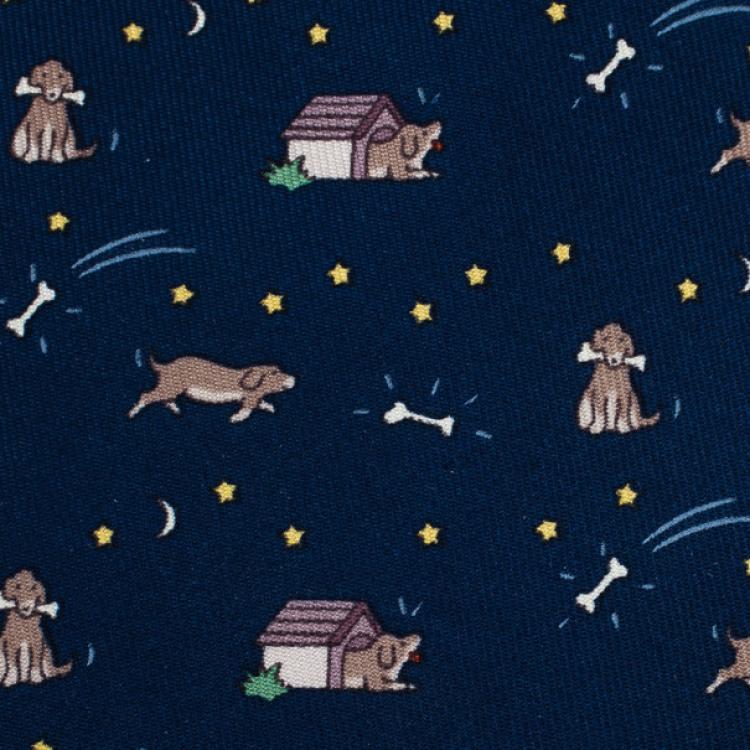 Pre Owned Hermes Blue Dog and Bone Print Silk Tie