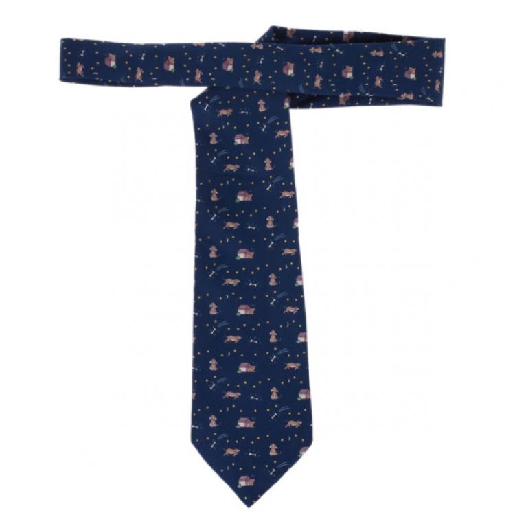 Pre Owned Hermes Blue Dog and Bone Print Silk Tie