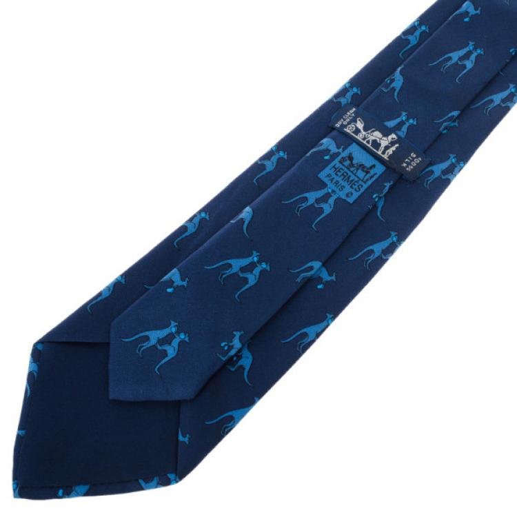 Pre Owned Hermes Blue Boxing Kangaroo Print Silk Tie