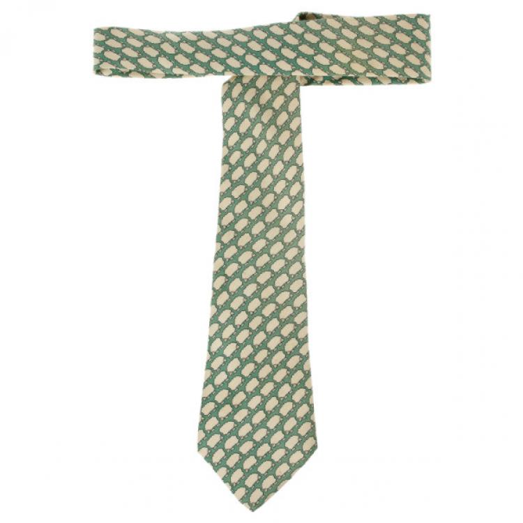 Pre Owned Hermes Green Sheep Print Silk Tie