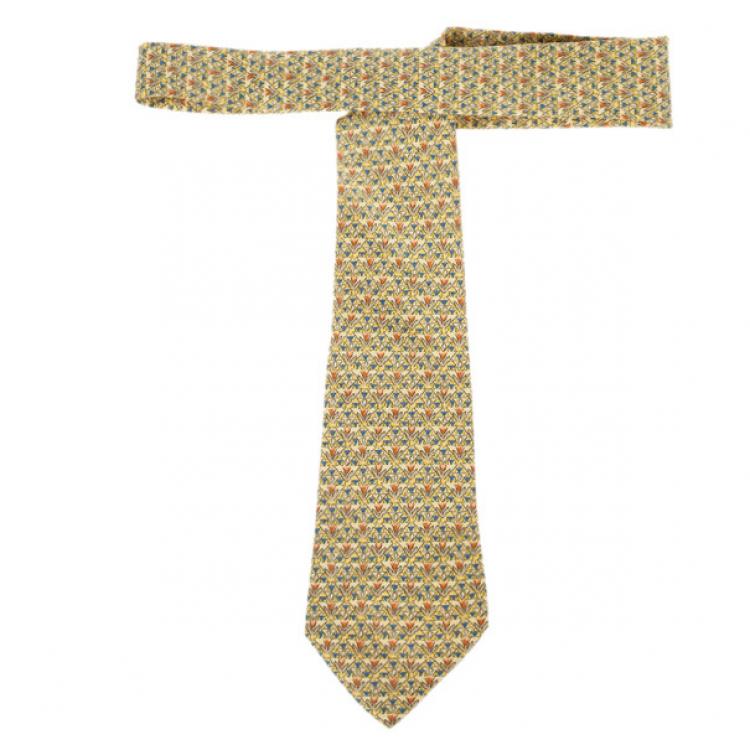 Pre Owned Hermes Yellow Floral Print Silk Tie