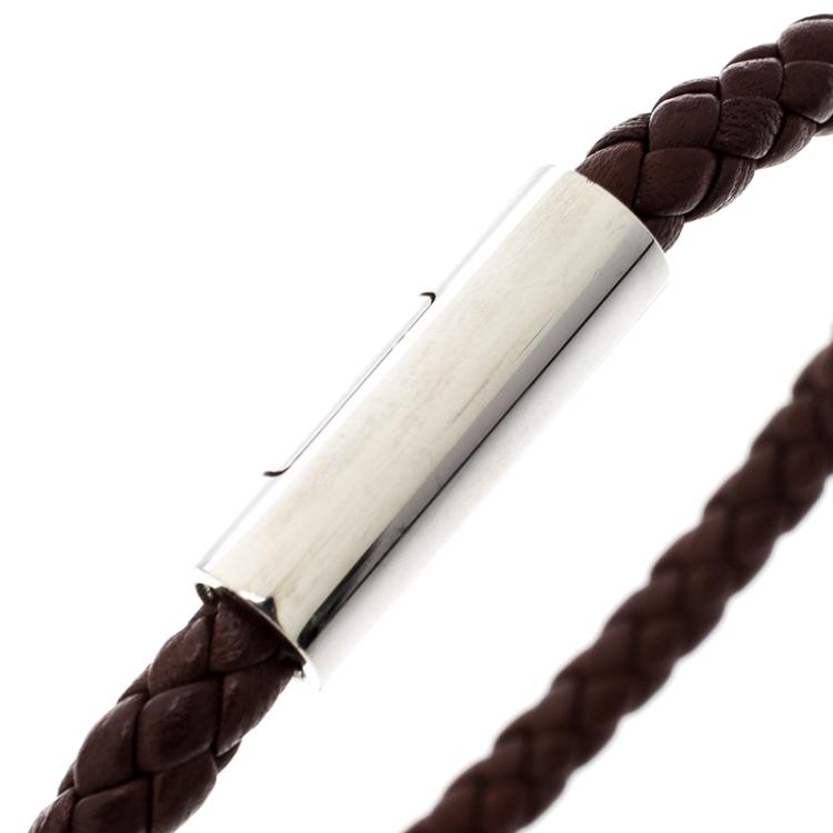 Pre Owned Hermes Goliath Burgundy Braided Leather Palladium Plated Bracelet