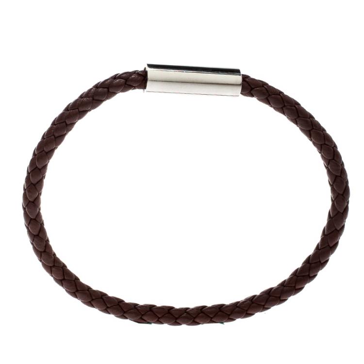 Pre Owned Hermes Goliath Burgundy Braided Leather Palladium Plated Bracelet