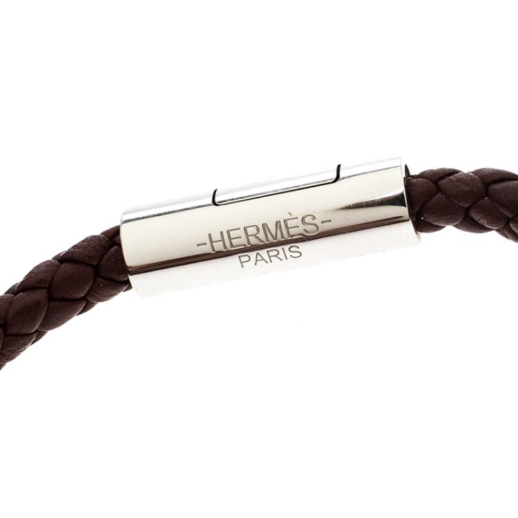 Pre Owned Hermes Goliath Burgundy Braided Leather Palladium Plated Bracelet