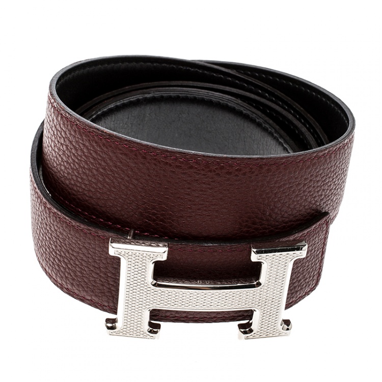 Pre Owned Hermes Burgundy/Black Togo and Box Calf Leather Guillochee H Buckle Reversible Belt 100cm
