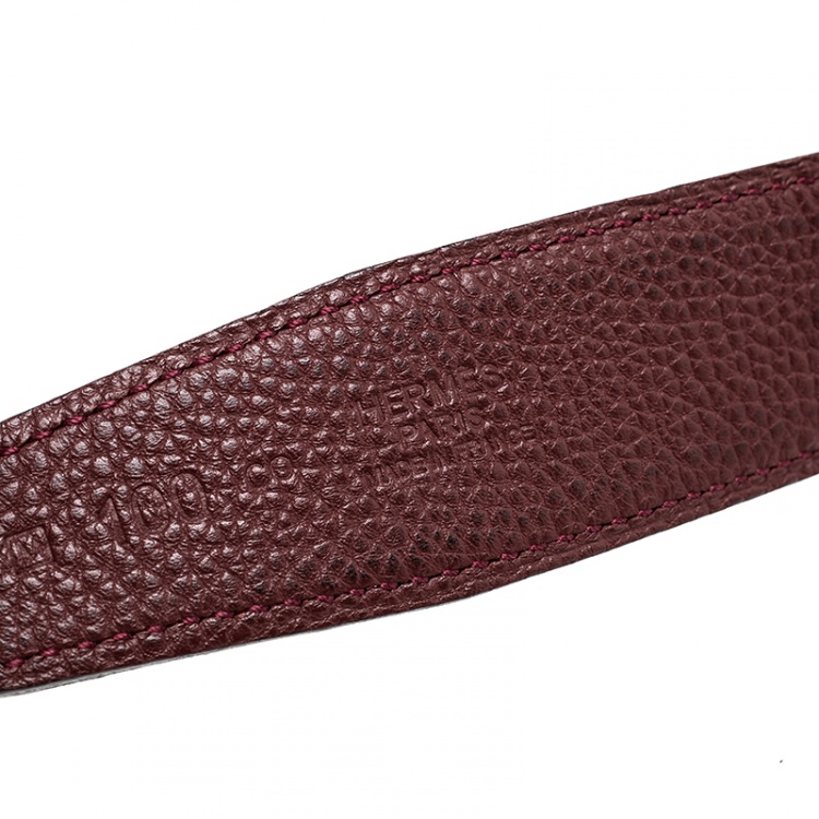 Pre Owned Hermes Burgundy/Black Togo and Box Calf Leather Guillochee H Buckle Reversible Belt 100cm