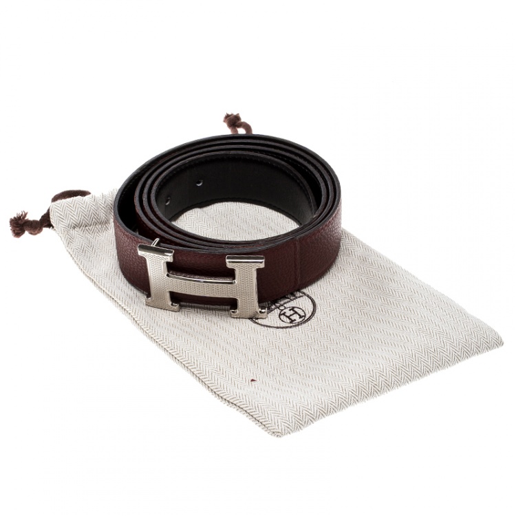 Pre Owned Hermes Burgundy/Black Togo and Box Calf Leather Guillochee H Buckle Reversible Belt 100cm