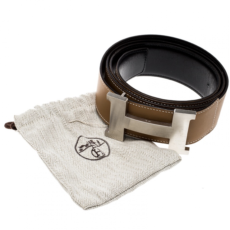 Pre Owned Hermes Brown/Black Swift and Box Calf Leather Constance 2 Buckle Belt 110cm