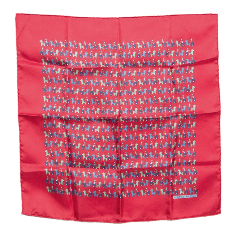 مملوكة مسبقًا Hermes Red Horse Carriage Printed Silk Pocket Square
